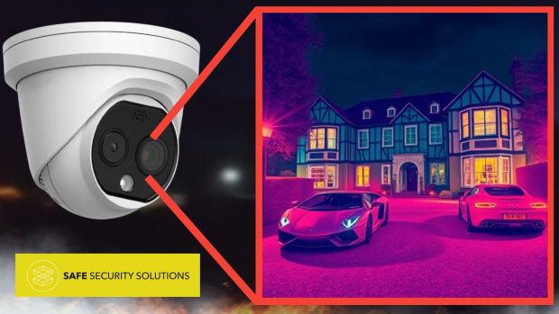 A thermal CCTV camera captures footage of large expensive home with prestige cars parked outside. the Safe Security Solutions Logo is underneath.