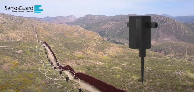 A SensoGuard invisifence plus sensor next to a scene with a fence and sensors in action with red circles showing the ares they cover.