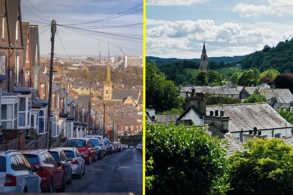 A city and rural housing environment side by side.