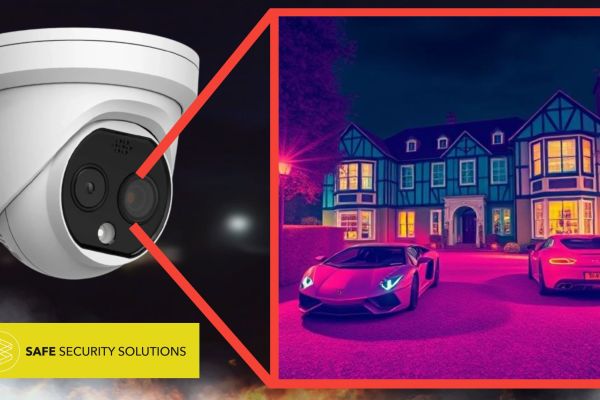 A thermal CCTV camera captures footage of large expensive home with prestige cars parked outside. the Safe Security Solutions Logo is underneath.