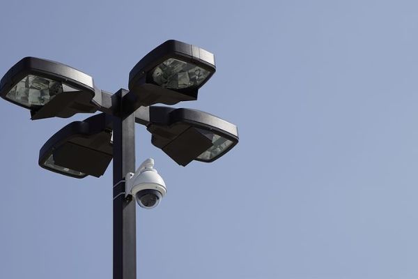 A lamp post with 4 lights and a PTZ camera mounted the post.