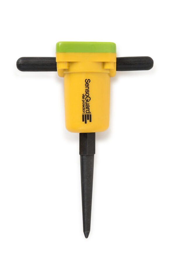 A yellow Sensoguard SG-1 Buried Detectors unit stood up