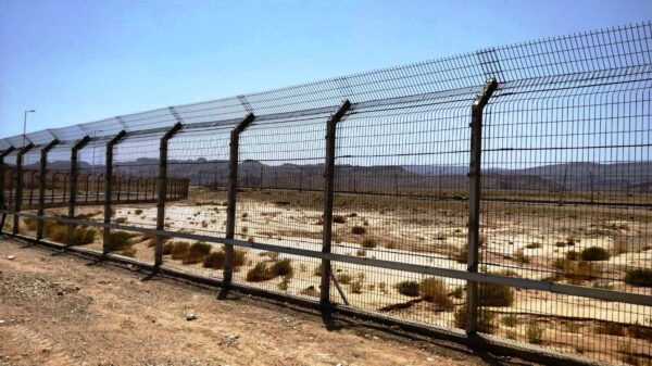 A perimeter fence with an Elec Sens motion sensor detector kit mounted to it.