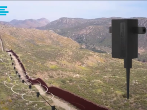 A SensoGuard invisifence plus sensor next to a scene with a fence and sensors in action with red circles showing the ares they cover.