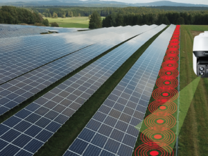 Solar panels in a field with red dots indicating buried sensors along the outer perimeter and a camera tracking movement detected by the sensors.